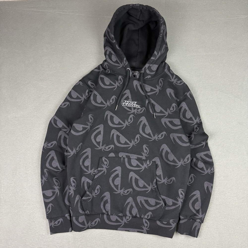 Y2K Vintage No Fear All Over Print Hoodie Mens Medium Skater Grunge Emo Black